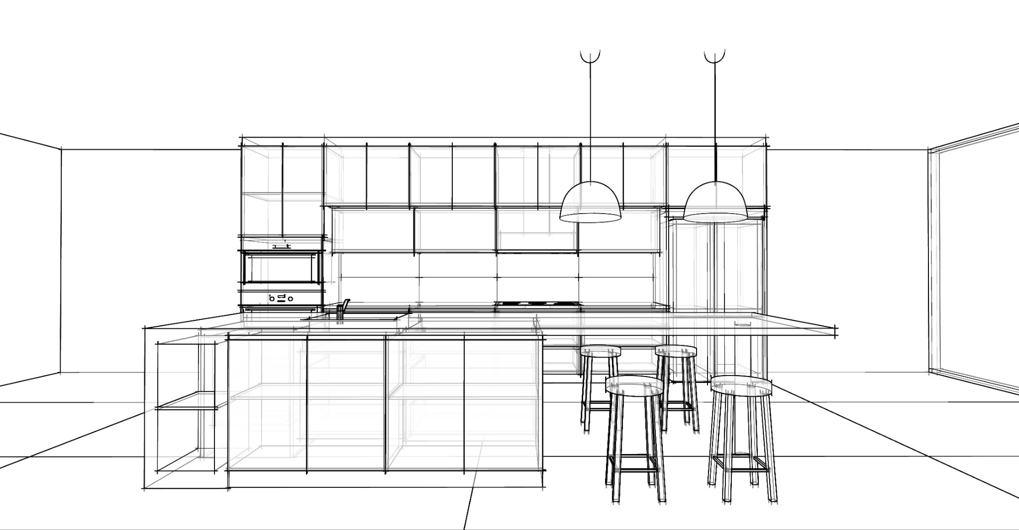 Black and white architectural wireframe sketch of a modern kitchen with island seating