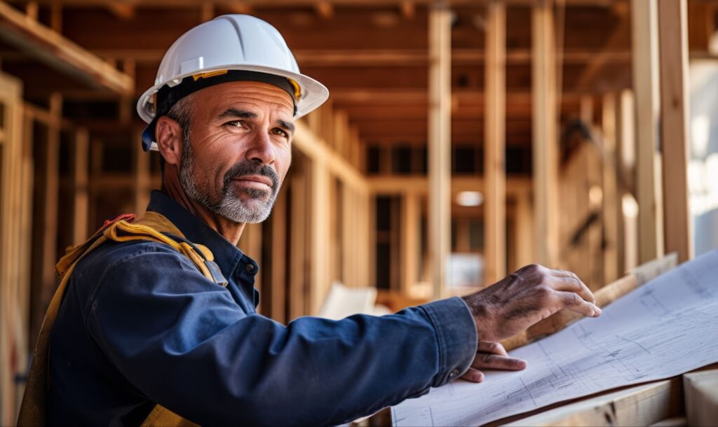 A man in a hard hat holding a blueprint, working as a basement contractor on basement construction