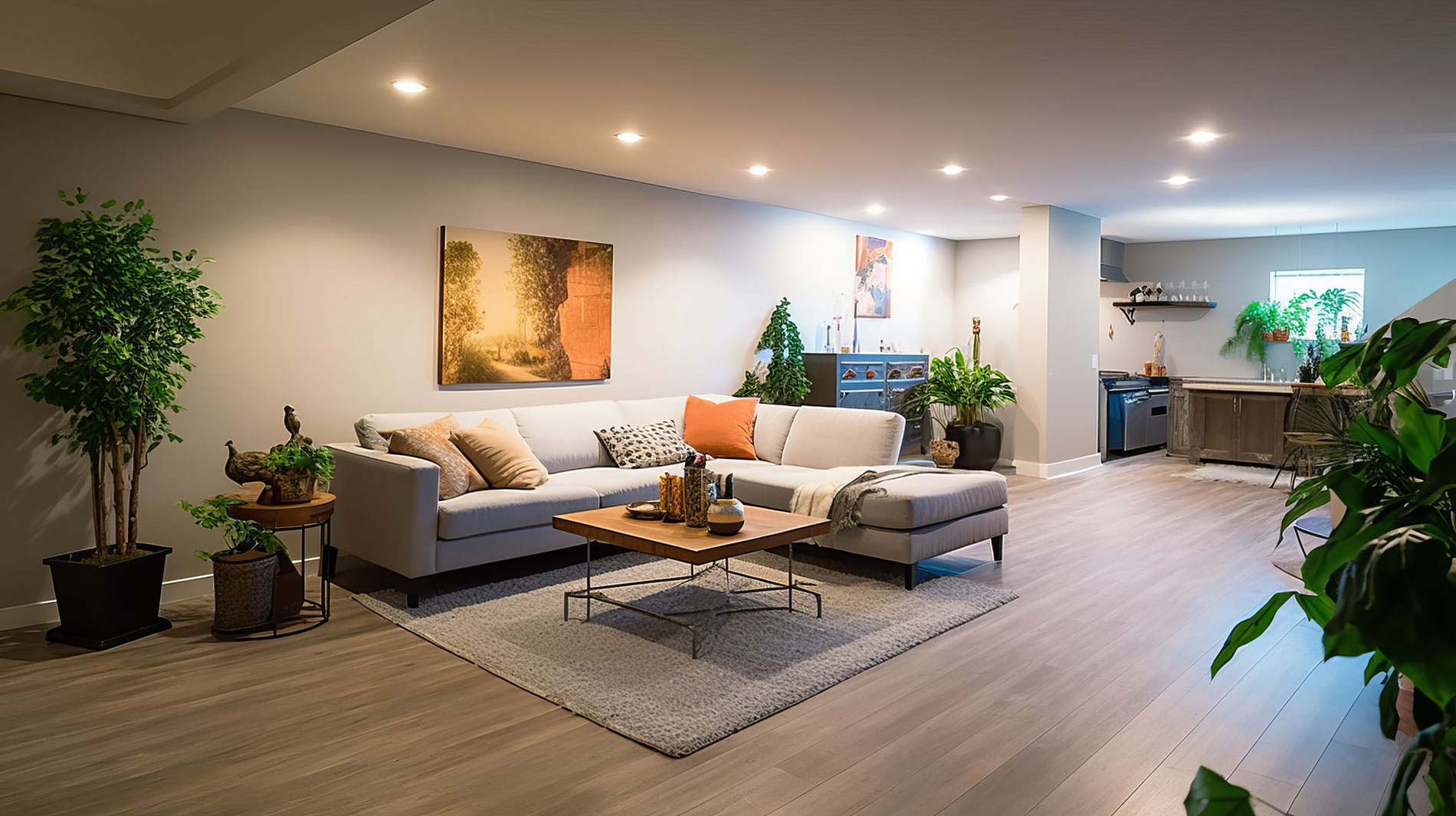 A spacious finished basement featuring a carpeted living area with a leather sofa, armchairs, and a wet bar with oak cabinetry.