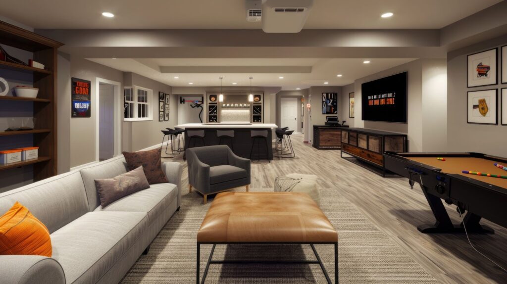 A contemporary finished basement game room showcasing a pool table alongside a cozy couch for leisure activities.