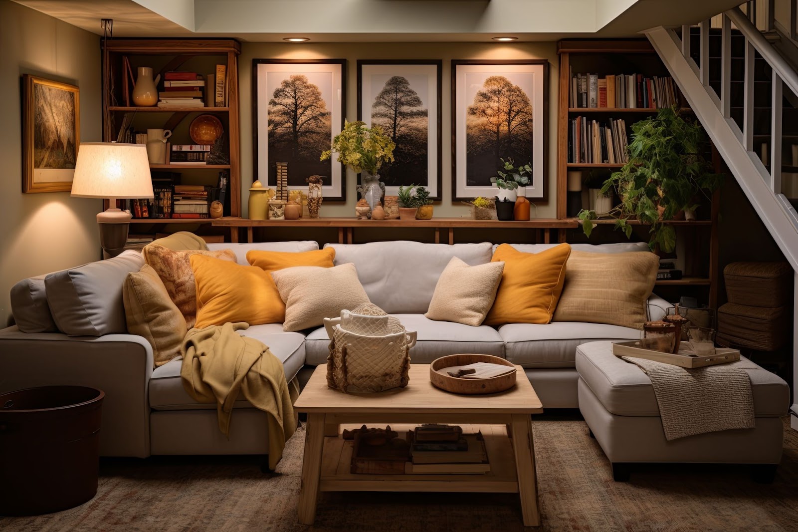 A cozy basement living room featuring a couch, coffee table, and bookshelves, perfect for movie nights and relaxation.