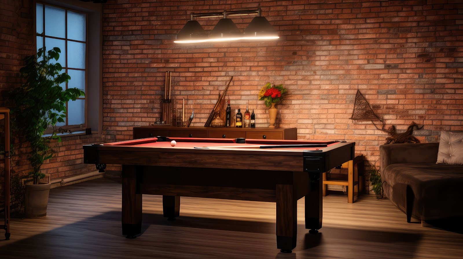 A pool table set in a finished basement gaming room with exposed brick walls, creating a cozy atmosphere for play.