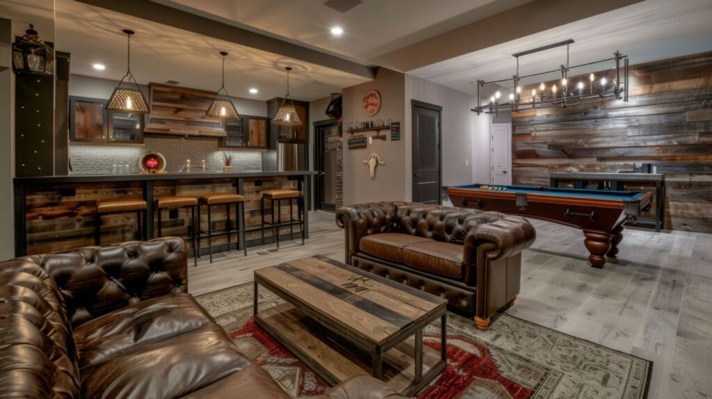 A stylish basement gaming room featuring a home bar, pool table, and comfortable couches for relaxation and entertainment.