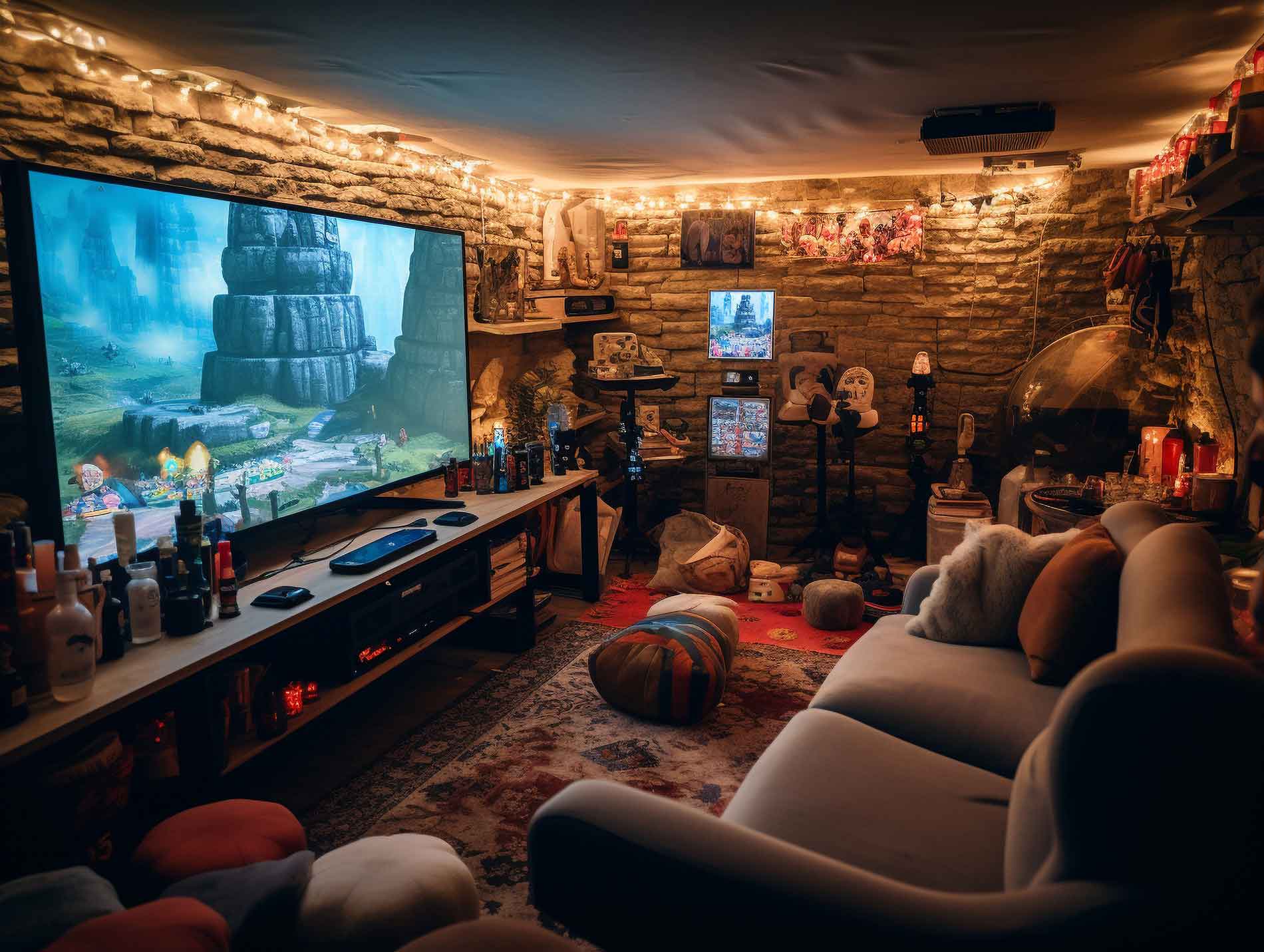 A stylish basement living area with a couch, TV, and fireplace, showcasing the craftsmanship of a Utah basement builder.