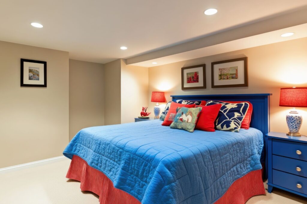 A cozy basement bedroom featuring a blue bed adorned with red and blue pillows, ideal for a mother-in-law apartment in Utah.