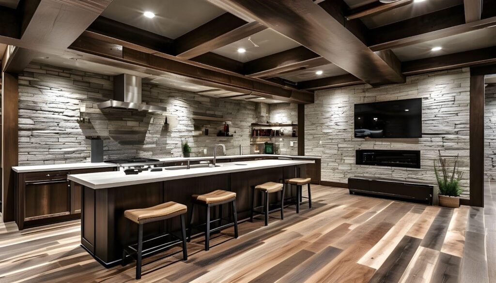 A cozy kitchen with warm wood floors and a rustic stone wall, perfect for cooking and gathering