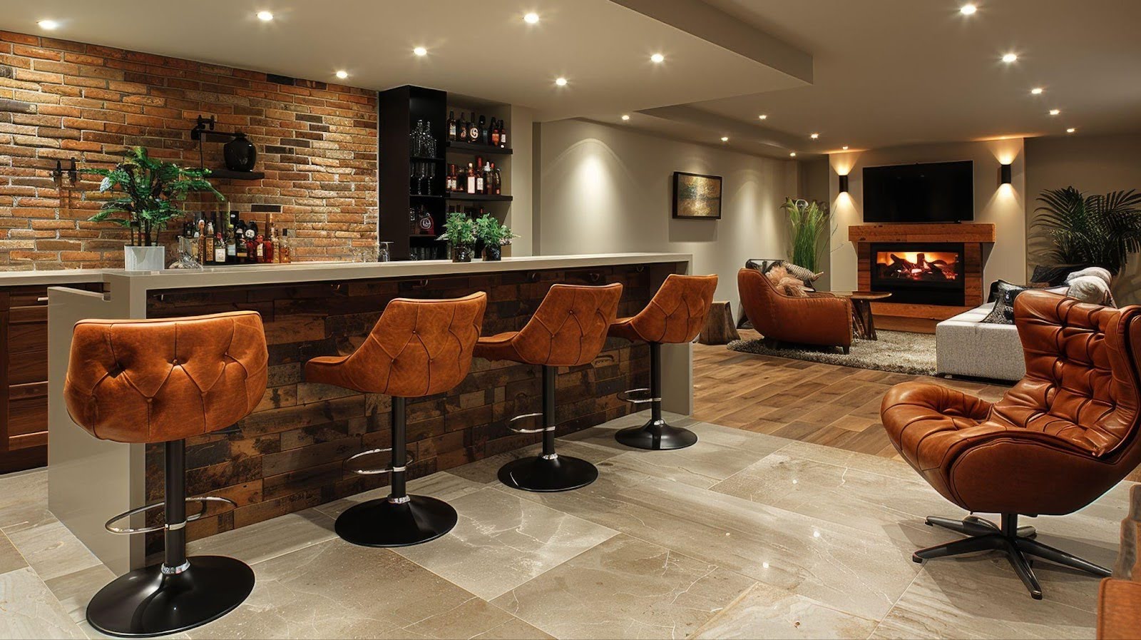 A modern home bar with leather chairs and a stylish brick wall for a warm atmosphere