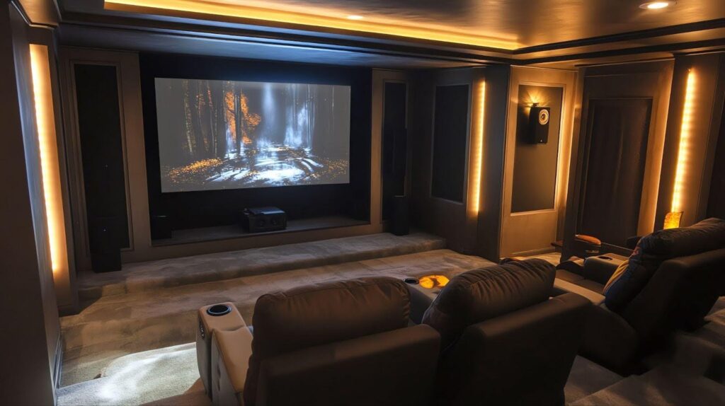 A cozy home theater with a large projector screen and comfy recliners for immersive viewing