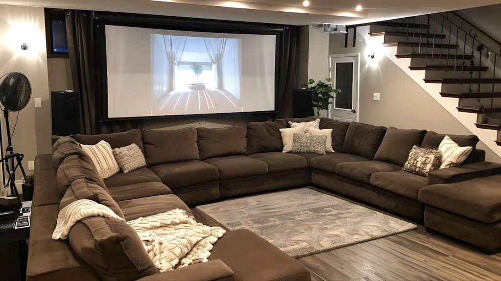 A stylish living room showcasing a sectional couch alongside a projector screen for movie nights