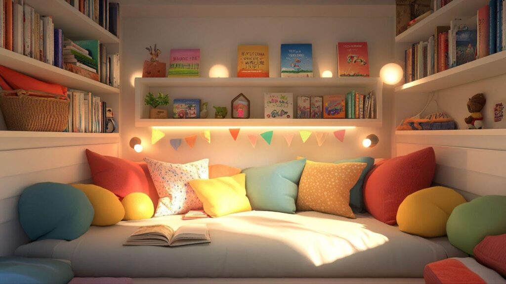 A cozy room featuring a bed, a bookshelf filled with books, and a lamp providing warm light