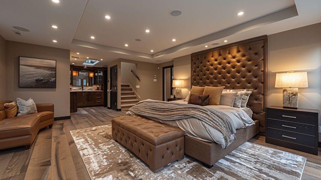 An elegant bedroom with a sizable bed and a plush couch, designed for comfort and restful living