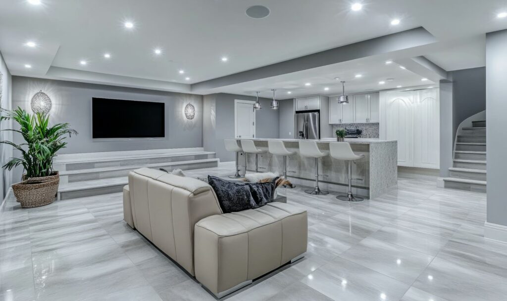 A contemporary kitchen and living room featuring white tile flooring, showcasing a stylish and functional basement remodel in Utah.