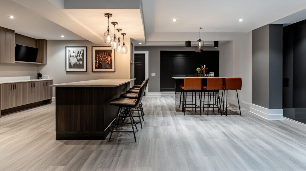 A contemporary kitchen featuring a bar and dining area, ideal for entertaining in a finished Utah basement.