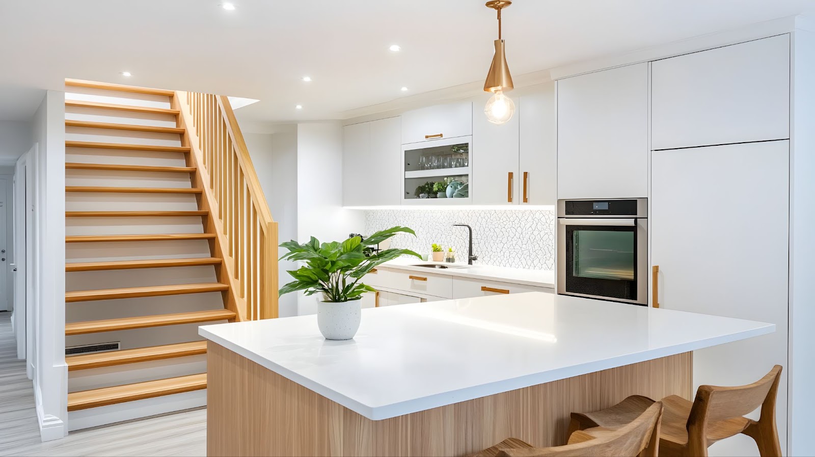 A stylish kitchen with a pristine white countertop and crafted wooden stairs for a cozy feel