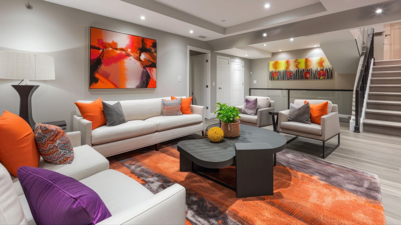 A stylish living room featuring orange and purple accents, showcasing modern design elements in a finished basement setting.