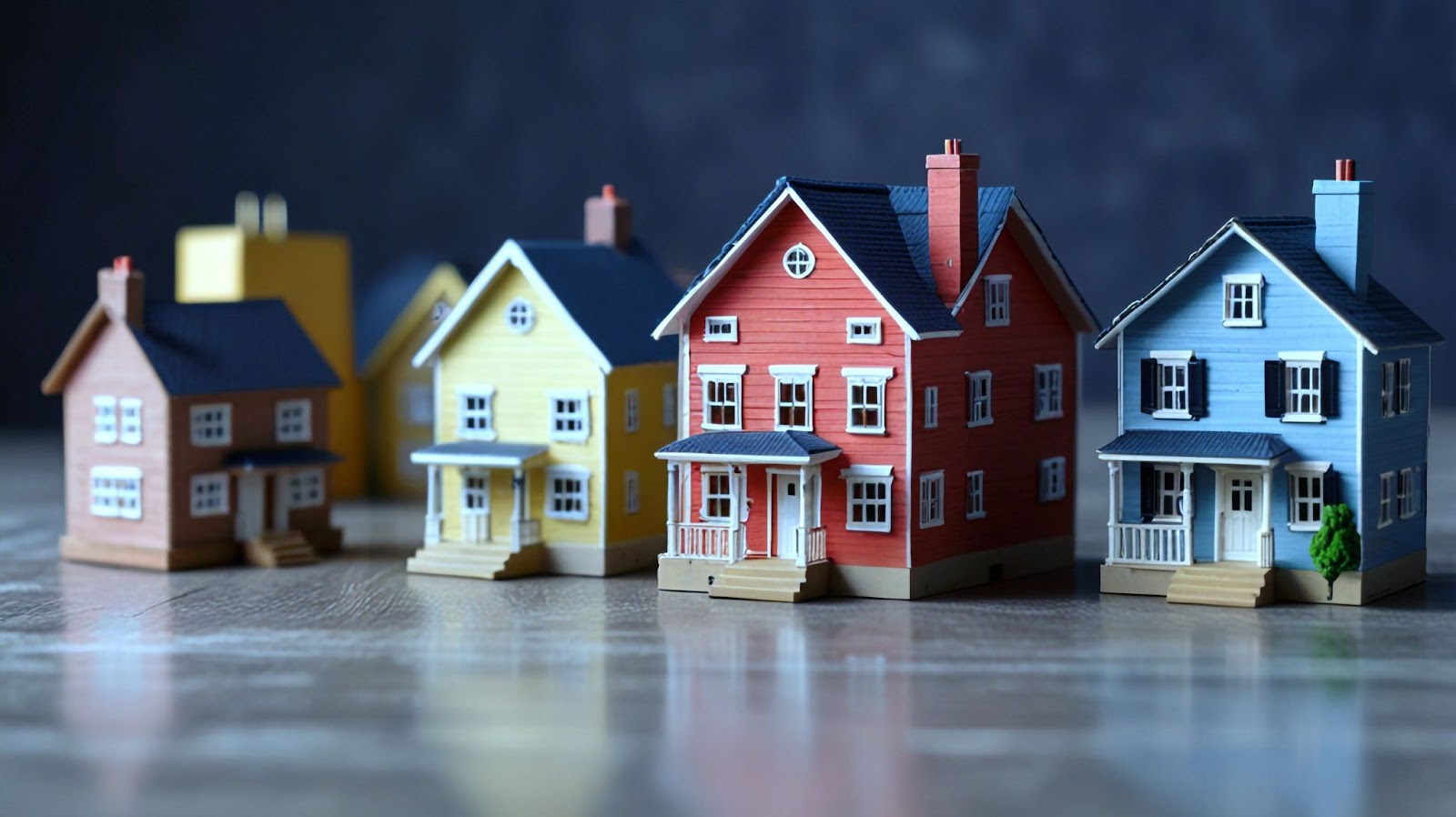 A row of colorful miniature houses on a reflective surface with a dark background.