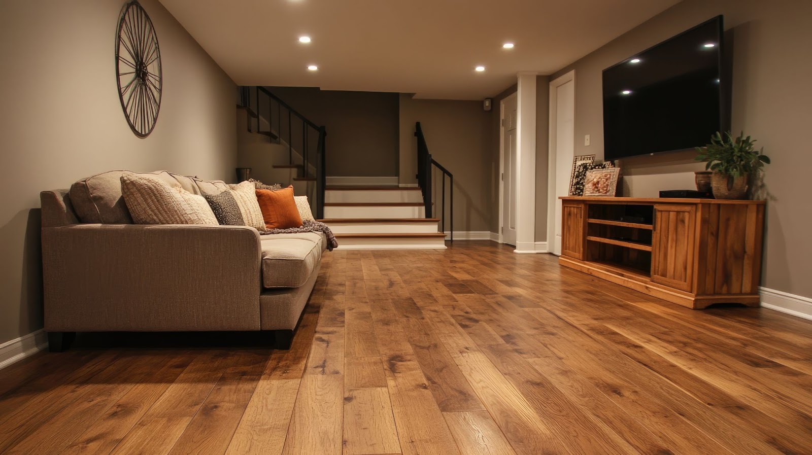 A cozy basement with a sofa, pillows, blanket, TV on a wooden stand, potted plant, and staircase, featuring hardwood floors and recessed lighting.