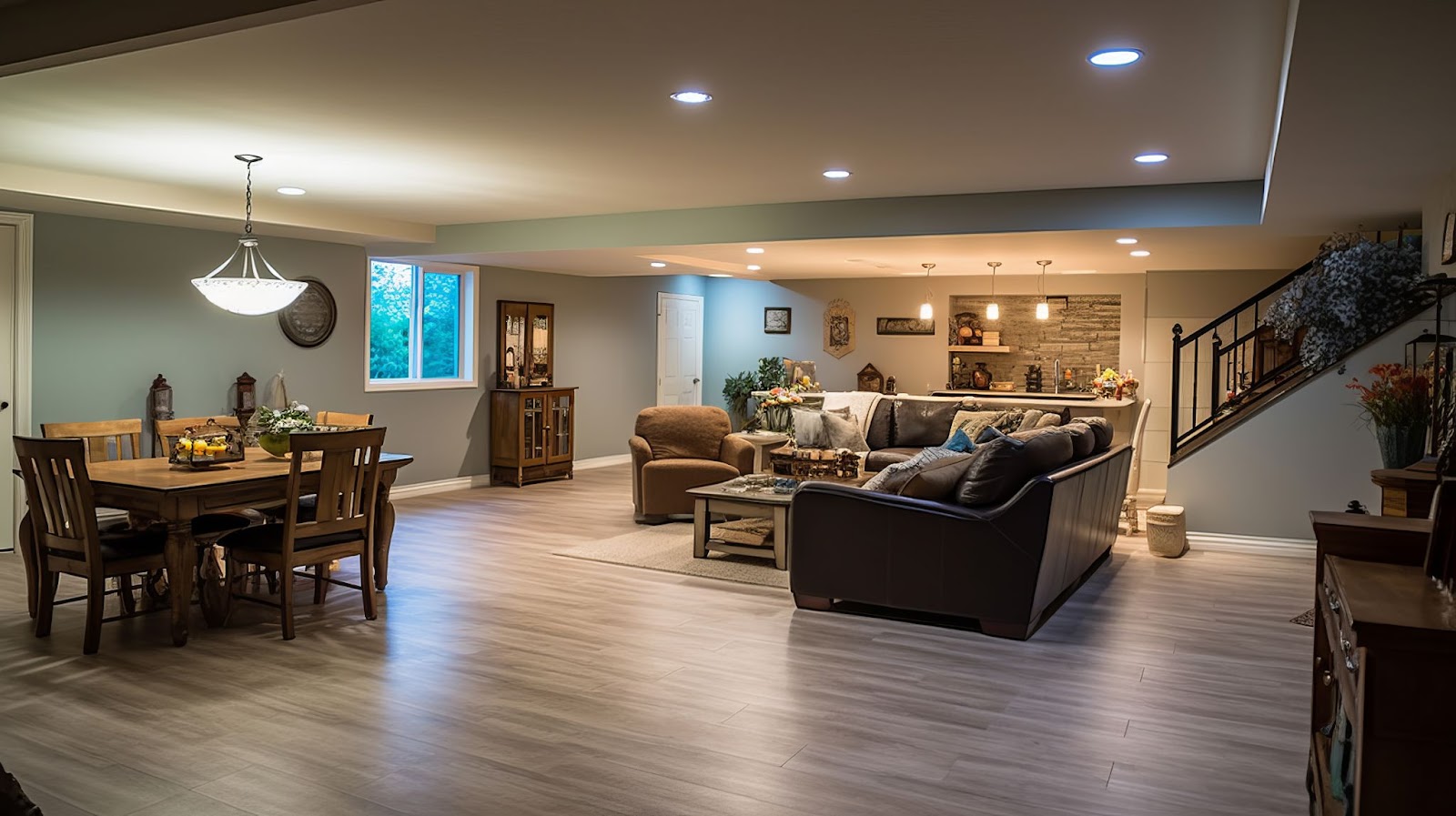 A modern basement with a dining table, sofa, armchairs, coffee table, and staircase, featuring light wood flooring and soft lighting.