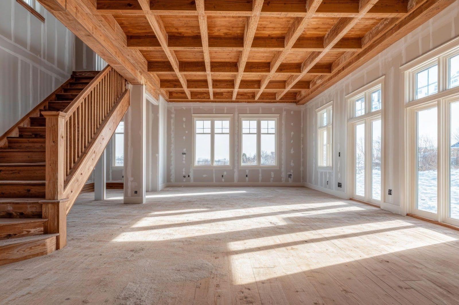 A vacant room with polished wood floors and a staircase highlighting a clean and open living space