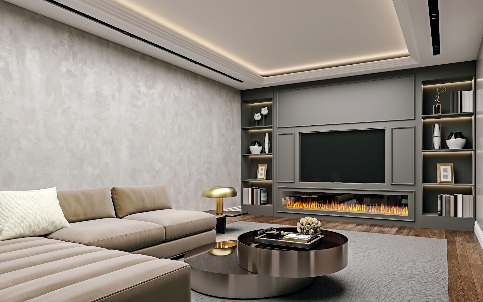 Modern living room with beige sofa, fireplace, and round coffee table.