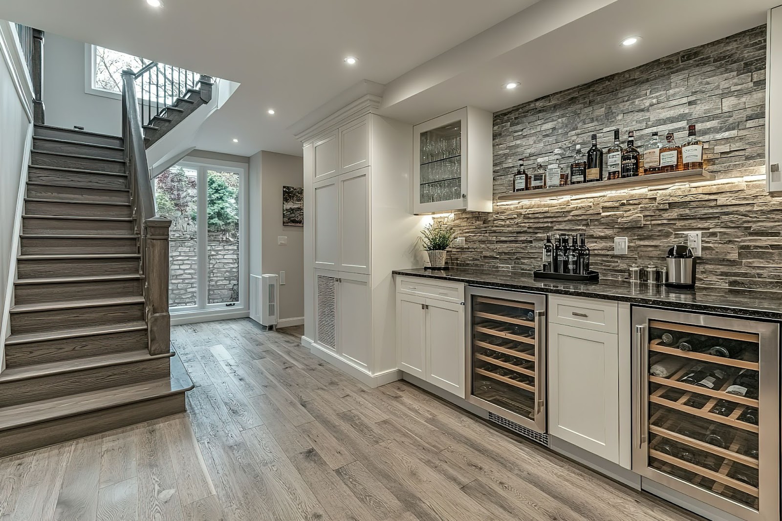 Modern basement with a wooden staircase, stone backsplash, wine coolers, and bar counter.