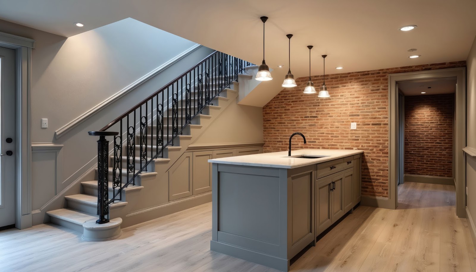 Modern kitchen with a staircase, brick wall, and pendant lights.