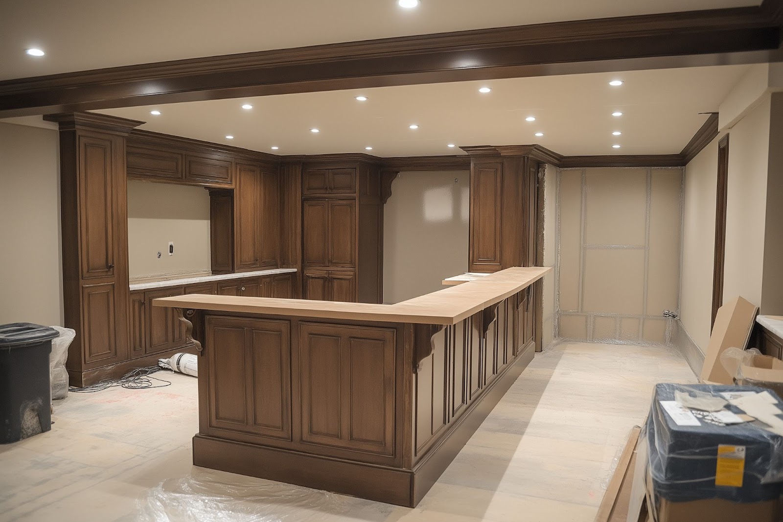 Modern kitchen with wooden cabinets and bar counter under construction.