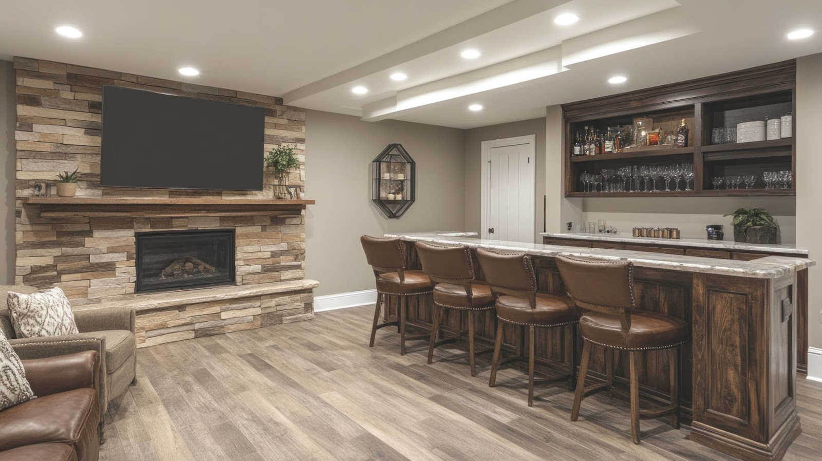 Modern living room with a stone fireplace, TV, and wooden bar with leather stools.