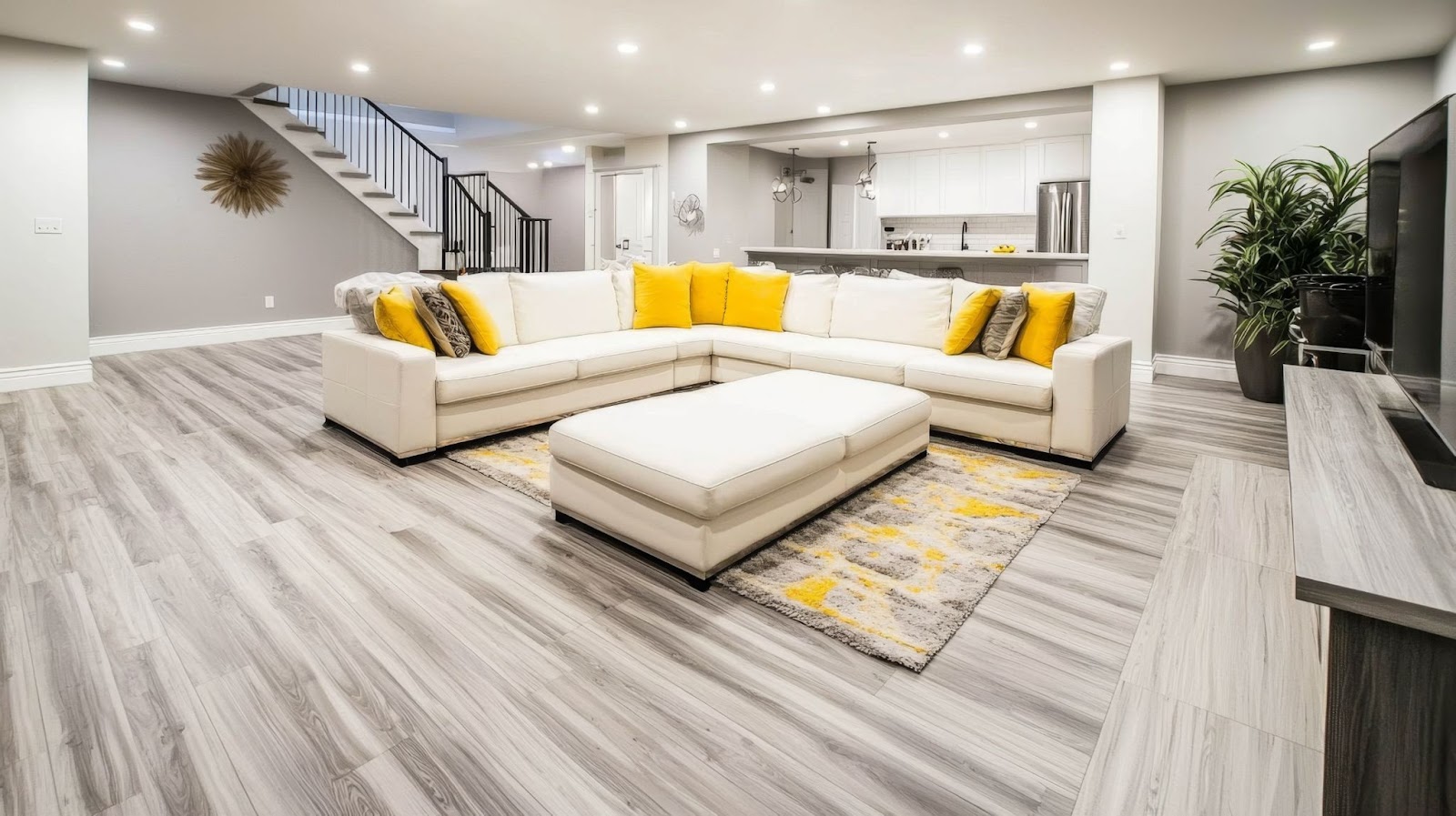 Modern basement living room with a white sectional sofa, yellow pillows, ottoman, and area rug on gray wood flooring, featuring a staircase and kitchen view.