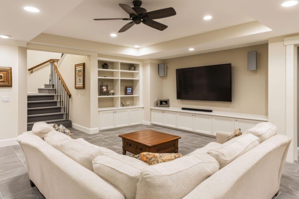 A bright living room with a ceiling fan and a stylish couch inviting comfort and leisure