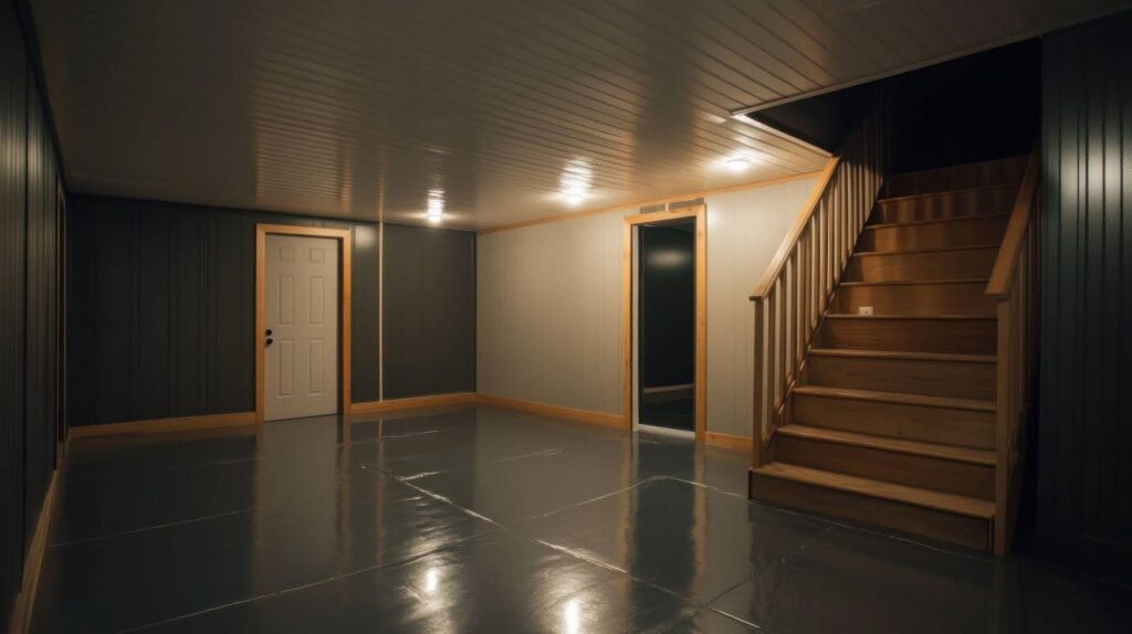 A dimly lit room featuring a staircase leading up and a closed door on the far wall