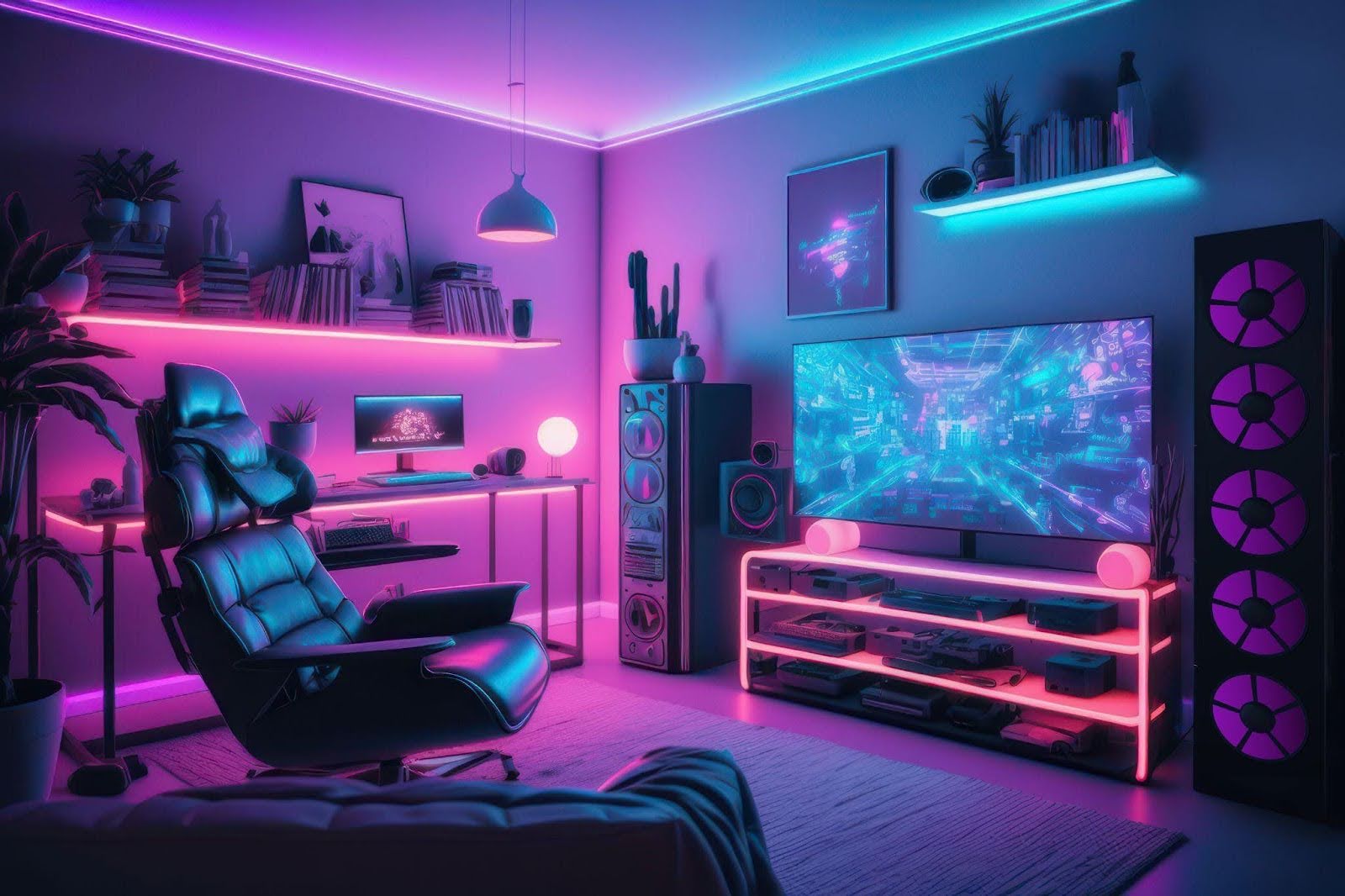 A modern gaming room with colorful neon lights and a cozy chair for gaming