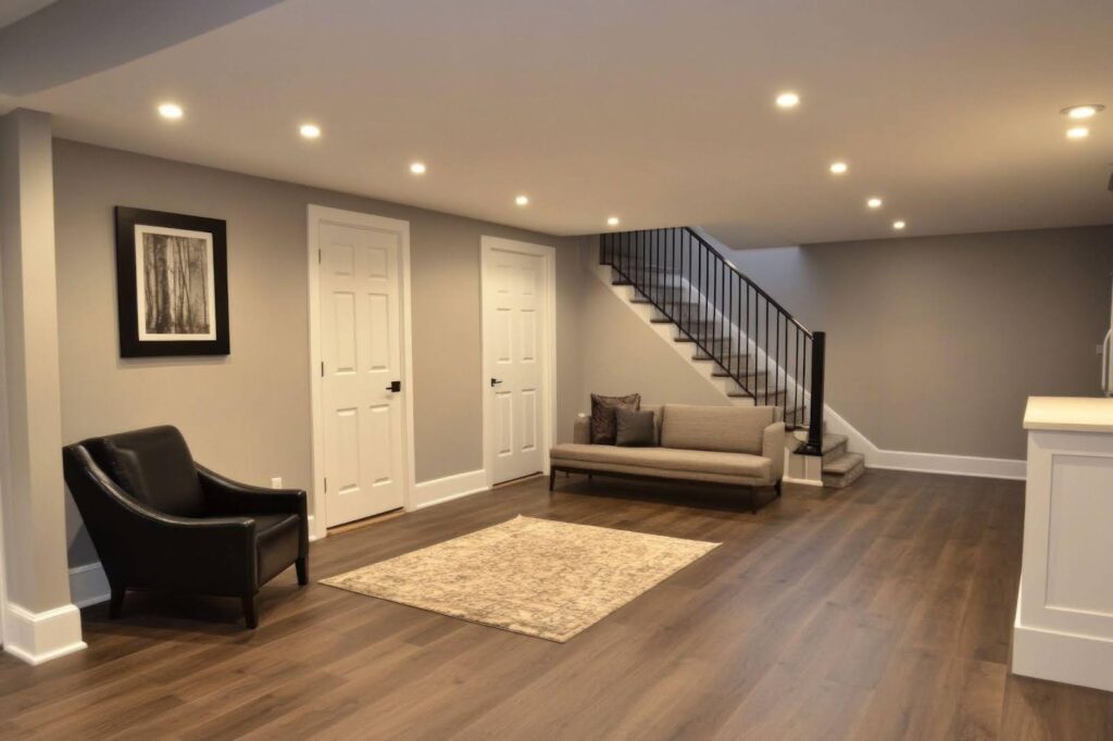 A modern living room featuring hardwood floors minimalist furniture, and ample natural light
