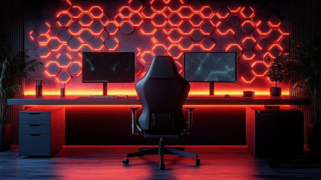 A workspace setup with a computer desk two monitors and a comfortable chair for efficient work