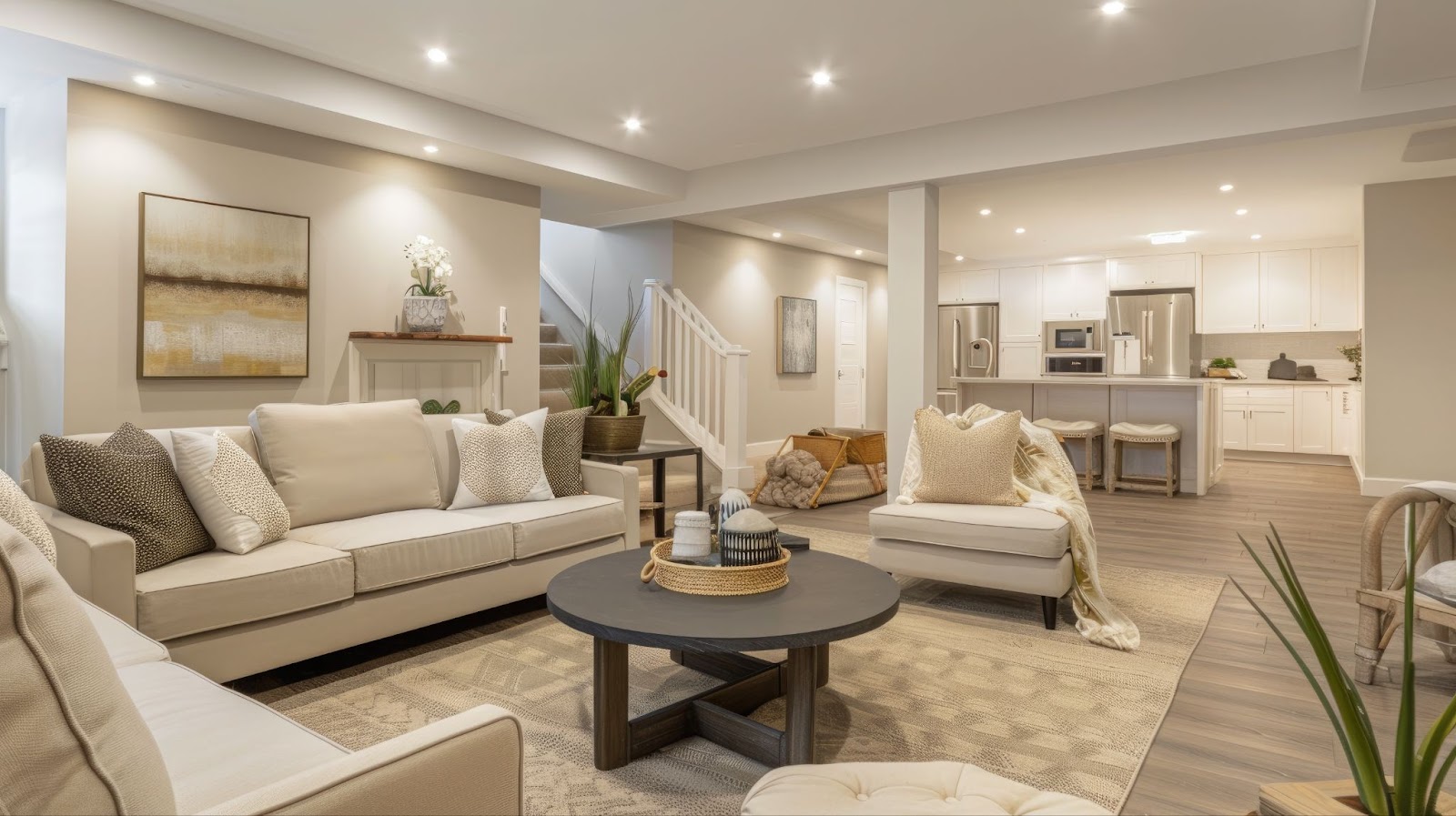 Cozy basement living room with beige sofas, coffee table, and open kitchen.