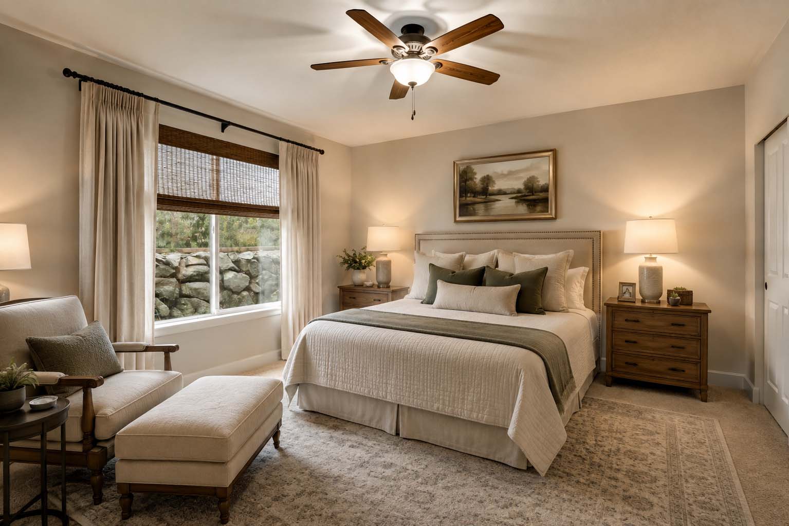 A cozy bedroom featuring a bed, chair, lamp, and window, designed by a Utah basement builder for optimal comfort.<br />
